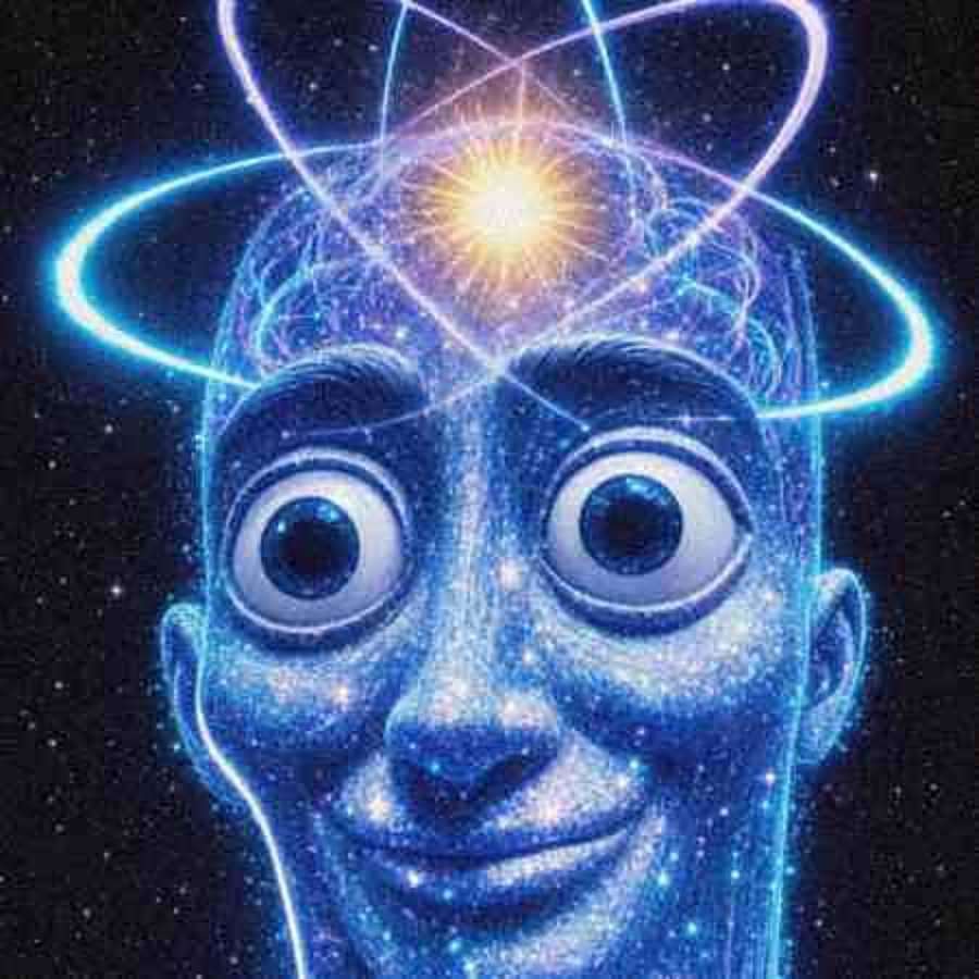 Close-up of his face with a glowing brain visible inside